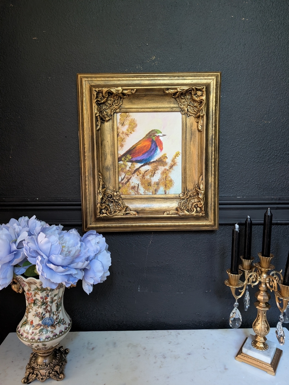 Vintage Signed 91' Water Color Bird Art in Ornate Baroque Wood Frame 19" x 17"